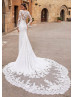 Long Sleeve V Neck Ivory Satin Lace Wedding Dress